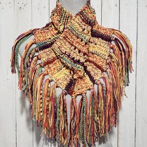NEW Hand Knitted Boho Cowl Scarf Fringe Multi Hippie Glam Festival Artsy Indie